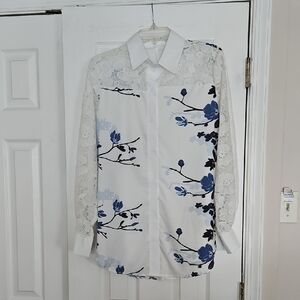 Floral Lace Womans Shirt - White and Blue